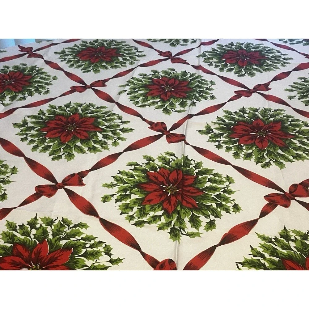 Christmas Tablecloth 51” X 68” Poinsettias & Ribbons